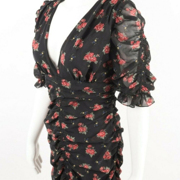 Zara Black Floral Plunge Neck Ruched Dress Size XL NWT - Picture 2 of 14
